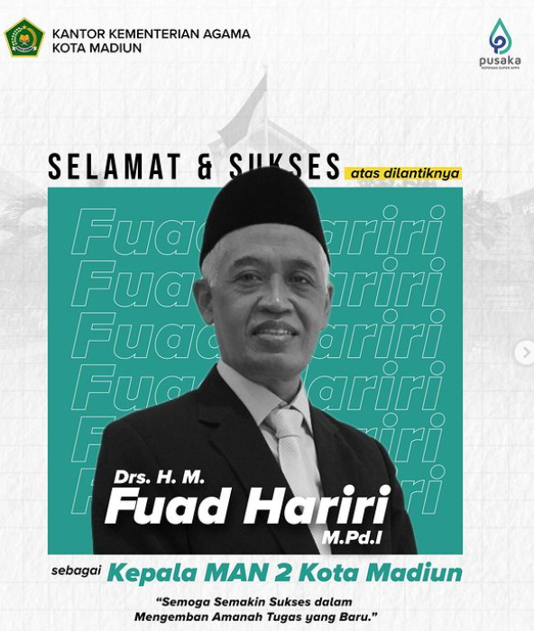 Selamat dan Sukses atas dilantiknya Drs. H. M. Fuad Hariri, M.Pd.I. sebagai Kepala MAN 2 Kota Madiun dan Marsiati, S.Pd sebagai Kepala MIN 1 Kota Madiun