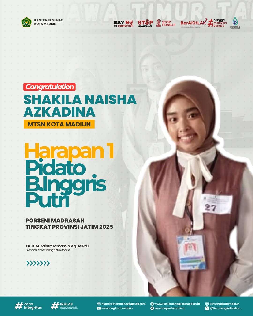 Juara Harapan 1 Pidato Bahasa Inggris Putri Tingkat MTsN